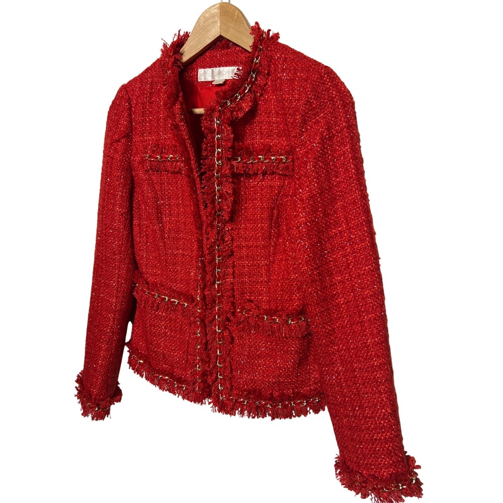 Boston Proper Chain Detail Tweed Parisian Jacket‎ Red Gold Sparkle Size 4 EUC